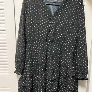 Flared Midi dress,Never worn, boutique,Asymmetrical, Black floral motifs, size L